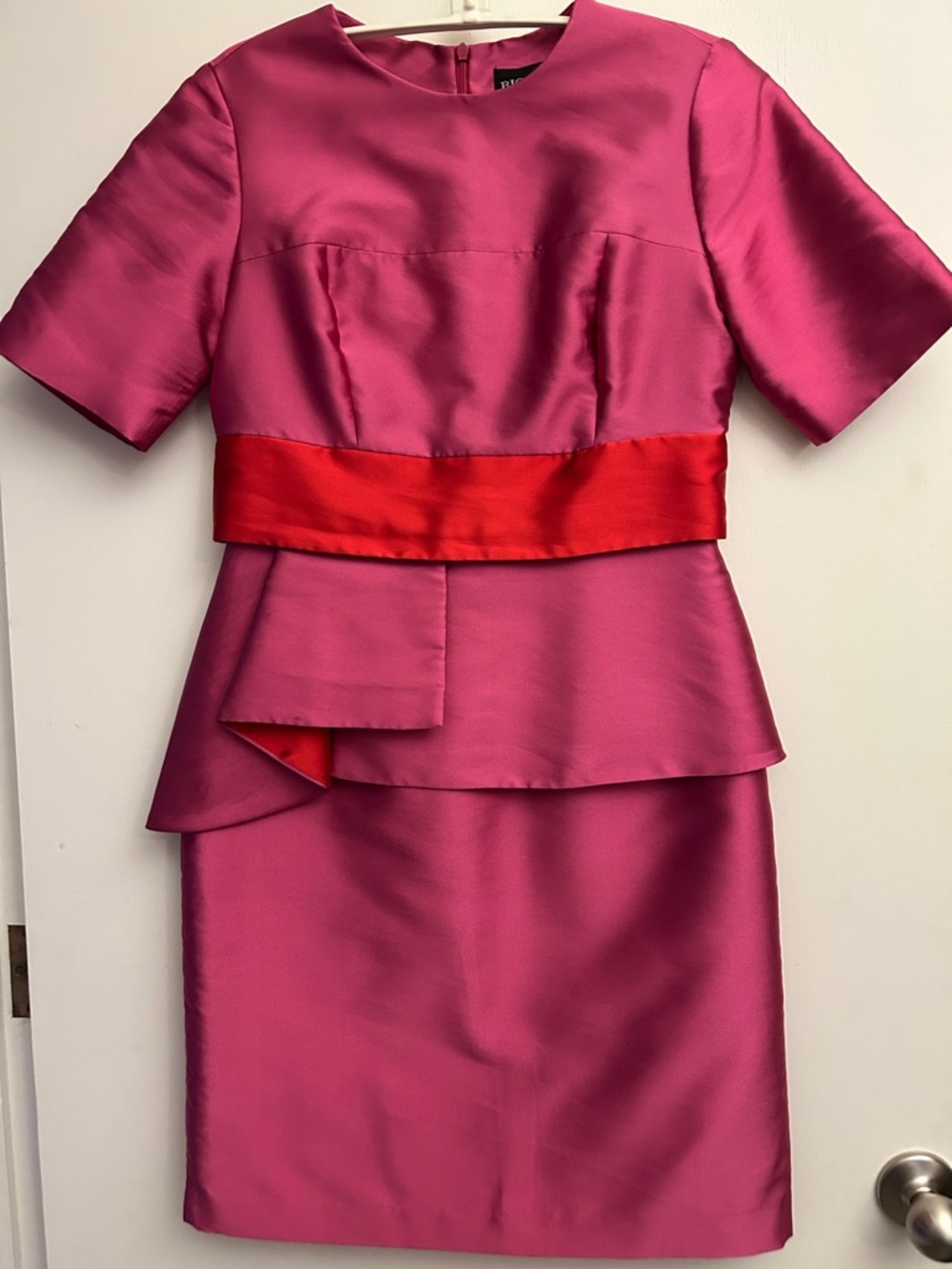 Fuchsia Midi Dress with Red Waistband - Tailored Peplum Silhouette